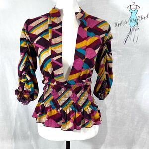Vintage deep vneck colorful abstract print smocked peplum sweater top medium